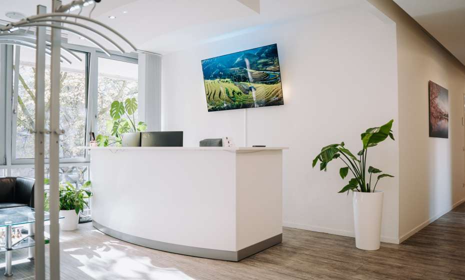 Heller Empfangsbereich mit moderner Einrichtung und Pflanzen